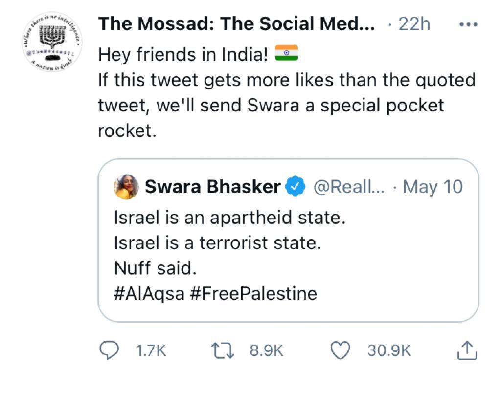 abdullah_0mar's tweet photo. One more slap to Swara Bhaskar.

#IndiaStandsWithIsrael #ISupportIsrael https://t.co/nrIotn1NXV