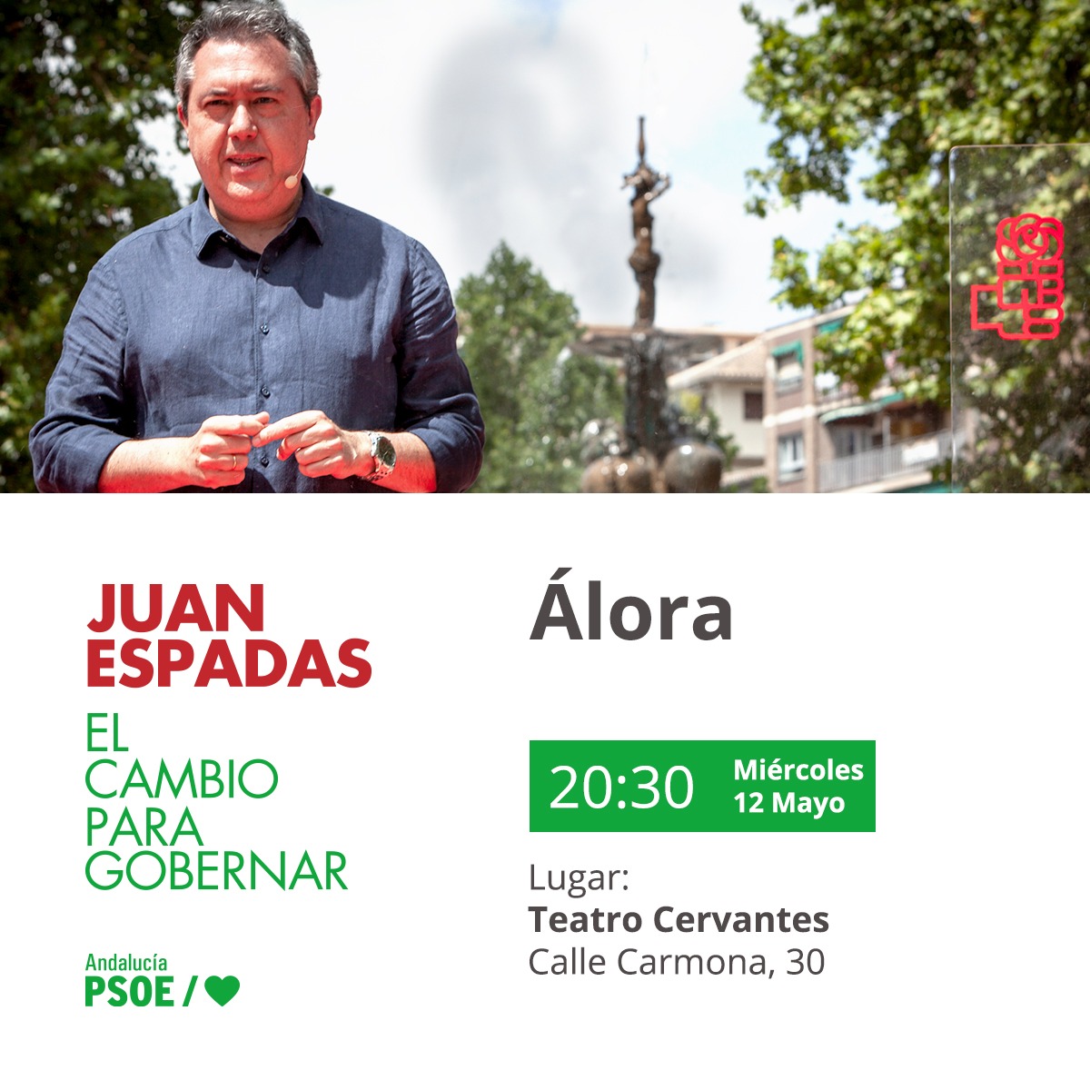 Malaga_Espadas's tweet photo. ‼️Esta tarde será el primer acto público en Málaga de nuestro candidato Juan Espadas.  Te esperamos 🌹🌹🌹

Ubicación:👇👇👇👇👇
https://t.co/FP5xJTZiFR

#UnMilitanteUnVoto
#ElCambioParaGobernar https://t.co/8NHWrzZMSh