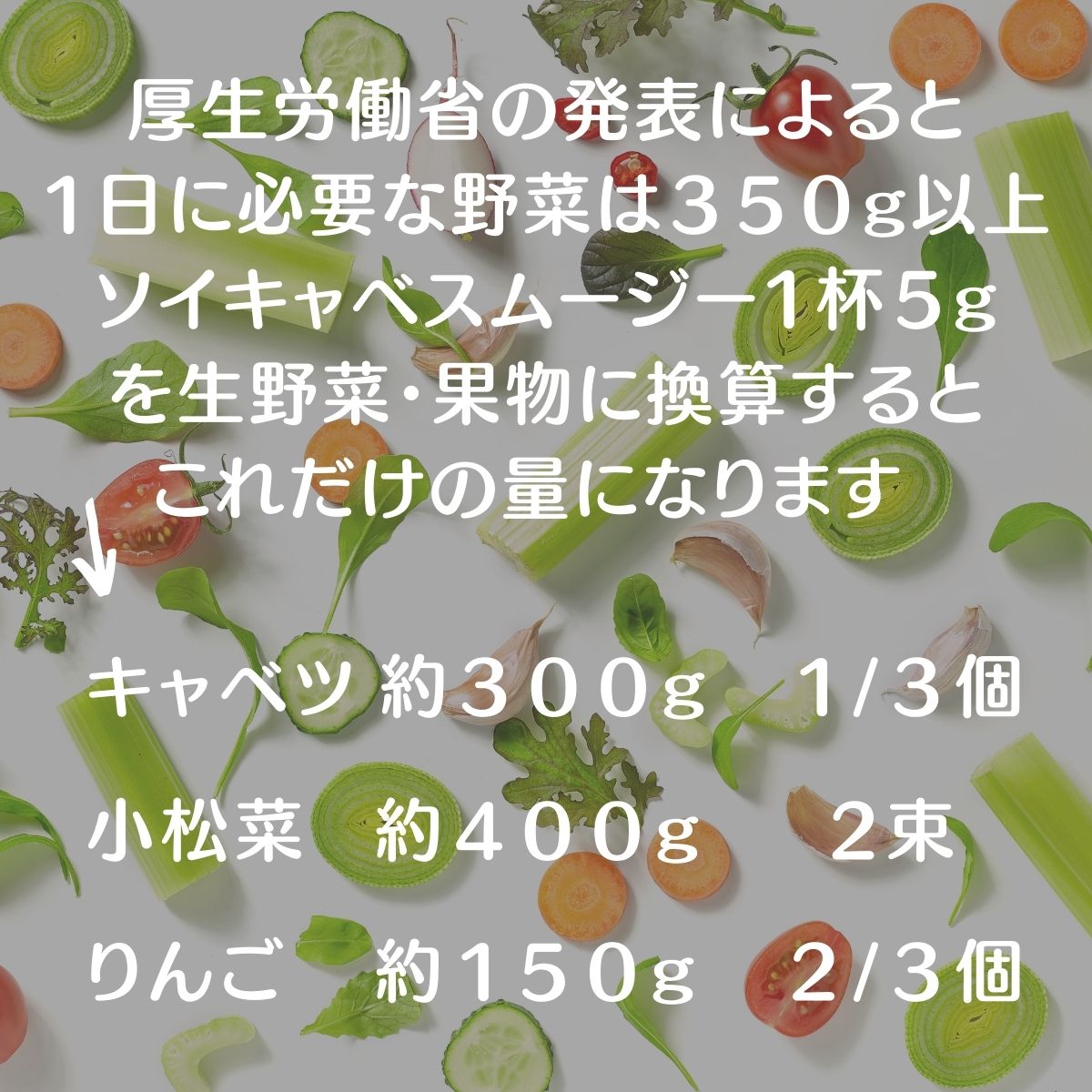 isystemcoltd's tweet photo. 厚生労働省の発表によると、1日に必要な野菜は350gとされていますが、ほとんどの人が250gほどしか採れていないと言われています。#ソイキャベスムージー には、生野菜に換算すると、キャベツ 約３００g、小松菜 約４００g、りんご 約１５０g分になります。#isystem https://t.co/GJ57BUgfo9