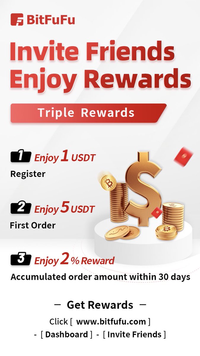 #BitFuFu will reward users who invite friends to order plans：「1 usdt,」  order reward 「5 usdt,」 and 2% award of friend's accumulated order amount within 30 days.  
 
Invite:  Click【 bitfufu.com】——【Dashboard】——【Invite Friends】

#mining #Bitmain
