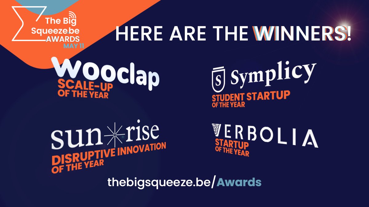 🏆Minister of Internal Affairs <a href="/AnneliesVl/">Annelies Verlinden</a>, together with our gm, <a href="/CharlotteGreant/">Charlotte Greant</a> , had the honor to announce &amp; congratulate this years winners: 
🔸Scale-up <a href="/wooclap/">Wooclap</a>  
🔸Student Startup <a href="/symplicy/">Symplicy</a> 
🔸Disruptive Innovation <a href="/SunriseSleep/">Sunrise</a> 
🔸Startup <a href="/verbolia/">Verbolia</a>  

⏳ #TheBigSqueeze