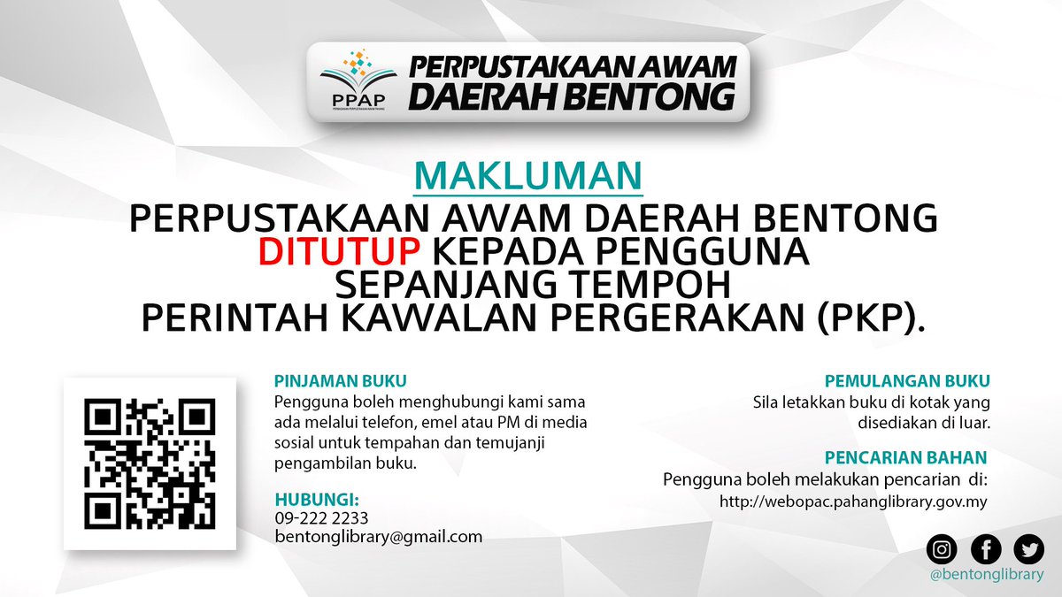 bentonglibrary's tweet photo. We are closed for the duration of the MCO.
Stay safe, guys. https://t.co/LmOYkzhYeJ