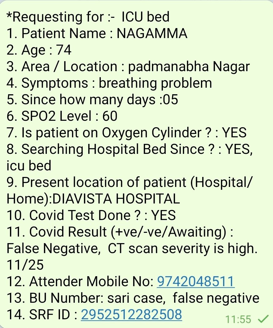 SOS BANGALORE 

URGENTLY NEED ICU BED !! 
Condition is very critical!

Spo2 65 with oxygen !!!

Please amplify fast!!

<a href="/ShraddhaSrinath/">Shraddha Srinath</a>
<a href="/rakshitshetty/">Rakshit Shetty</a>
<a href="/SamyukthaHegde/">Samyuktha Hegde</a> <a href="/Suhas__L/">Suhas. L</a> <a href="/srinivasiyc/">Srinivas BV</a> <a href="/Tejasvi_Surya/">Tejasvi Surya</a> <a href="/BloreNandamuriF/">Bangalore Nandamuri Fans</a> <a href="/purijagan/">Jagan</a> <a href="/pranitasubhash/">Pranitha Subhash</a> 
<a href="/SonuSood/">sonu sood</a>
#BangaloreSOS