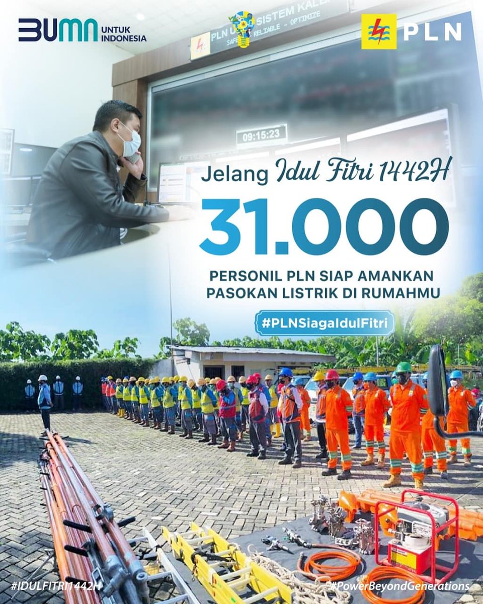 _pln_id's tweet photo. Electrizen,dukung keandalan pasokan listrik saat Idul Fitri 1442 H, PLN menyiagakan 31 ribu personil kelistrikan. Personil tersebut tersebar dalam 2.327 posko siaga 24 jam di seluruh Indonesia. #PLNSiagaIdulFitri #idulfitri1442H https://t.co/tyx7l0QUlb