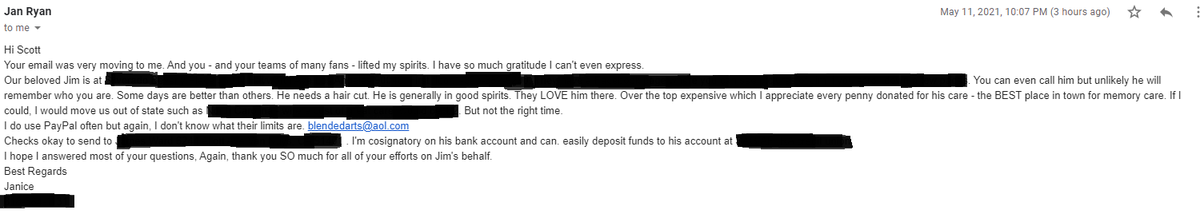 Xemmypoo's tweet photo. Had to redact the private information, but I wanted to share the most recent email I got from Janice Ryan (Jim Ward's wife). She's so unbelievably thankful for what we're doing for her, and she just loves Jim so much 😭😭

We're really out here making a difference https://t.co/n7LZcDrhsm