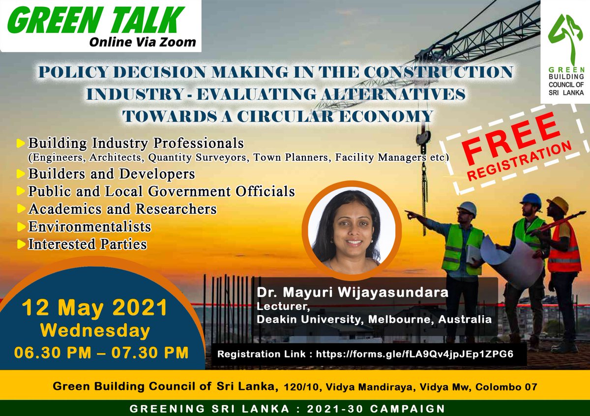 maywij's tweet photo. Will be speaking today at the Green Building Council of Sri Lanka #lka on evaluating #alternatives for a #circulareconomy in the #construction industry
#greentalk #gbcsl #publicsector #policy https://t.co/0W2y5Zk6F0
