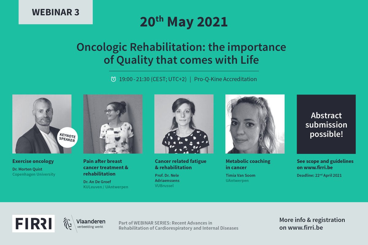 Next week (Thursday 20 May) is our last FIRRI webinar scheduled &amp; we will end with a BANG🧨

👇TOPIC of the webinar👇 
Oncologic Rehabilitation: the importance of Quality that comes with Life

Registration firri.be
Pro-Q-Kine credits✅

<a href="/QuistMorten/">Morten Quist</a> <a href="/AnDeGroef/">An De Groef</a>