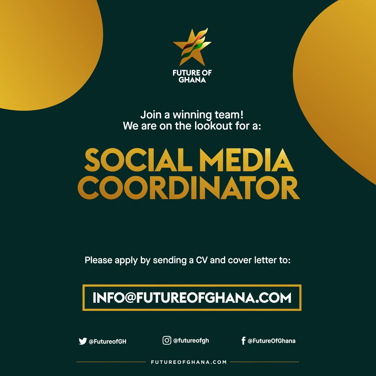 Future of Ghana (@futureofgh) on Twitter photo Join a winning team !
We are looking for a Social Media Coordinator to join our core team
To apply please send a cover letter and a copy of your CV to info@futureofghana.com
You can see further details on what this role requires via - futureofghana.com/join-the-futur… Join a winning team !
We are looking for a Social Media Coordinator to join our core team
To apply please send a cover letter and a copy of your CV to info@futureofghana.com
You can see further details on what this role requires via - futureofghana.com/join-the-futur…