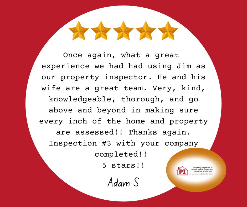 ⭐⭐⭐⭐⭐Property Inspector, LLC Perfect Five Star Review by Adam S.

Thank you so much for this 5-star review. We really appreciate you being a customer and helping to share the word about us. 

Contact us! 
☎️ (425) 985-3289

#homeinspection