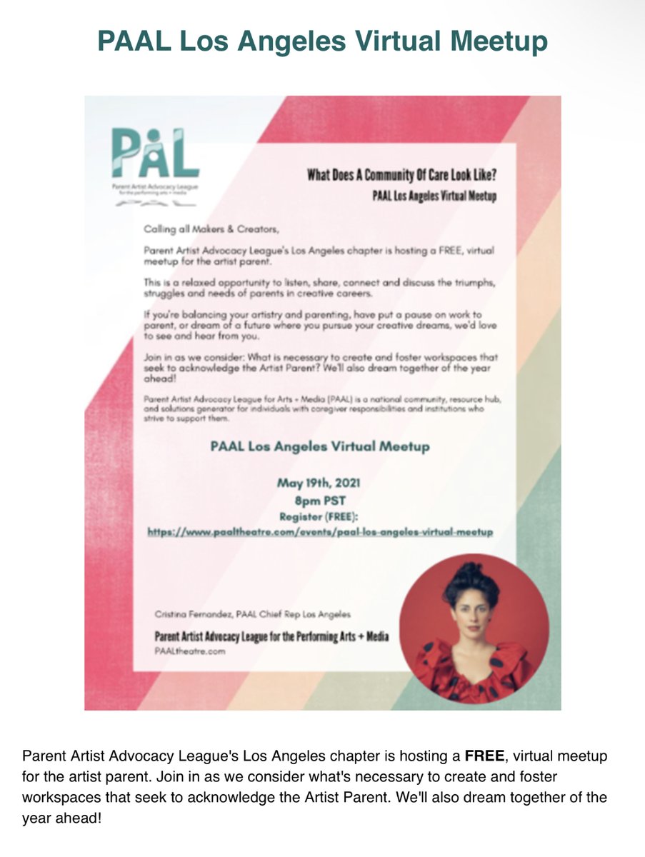 PAALtheatre's tweet image. 📢 Huge thank you to @LatinxParenting for including our LA chapter meetup in their newsletter! 🙏🏻💕 Theres still time to register! This is a relaxed opportunity to listen, share, connect with parents in creative careers. bit.ly/3bmSsTo #paal #parentartist #motherartist