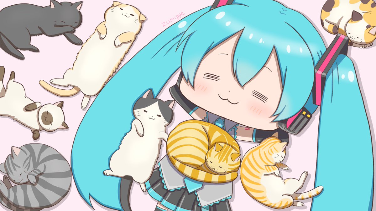 初音ミク「#初音ミク #猫がいる幸せ 
猫まみれミクちゃん 」|ずみっぺ🐹のイラスト