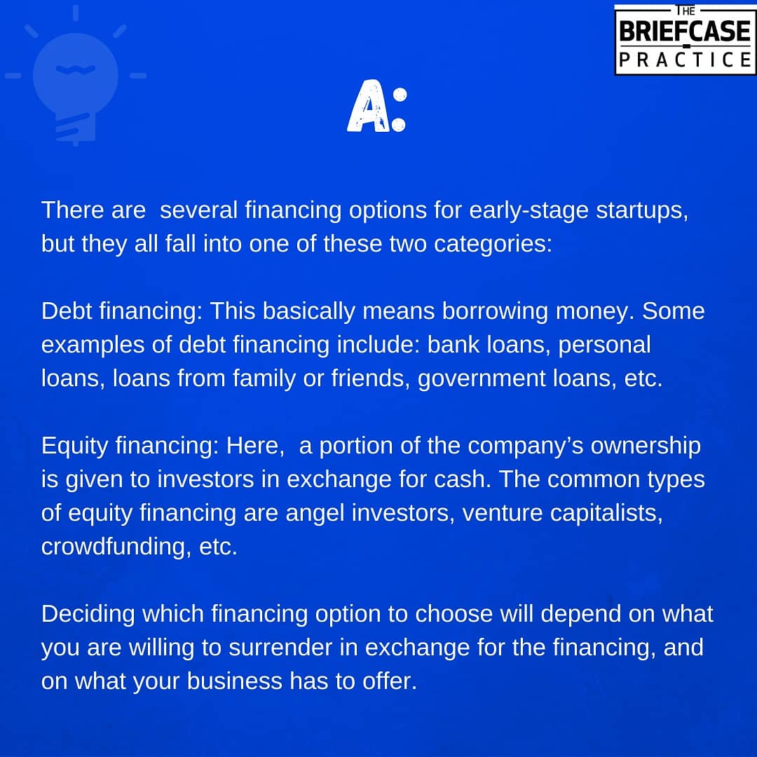 Today, we answer a very important question concerning early-stage startups.
⏬

#startups #startupsinnigeria #startupfinancing #equityfinancing #debtfinancing #angelinvestors #venturecapitalist #loans #crowdfunding #startuplawyer #startuplawyersofnigeria  #startuplawfirminnigeria