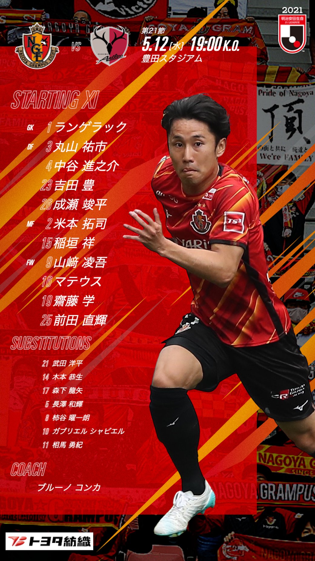 名古屋グランパス Nagoya Grampus 21明治安田生命 J1 第21節 Vs 鹿島アントラーズ 豊田スタジアム 19 00 Ko Grampus スターティング11 Gk ランゲラック Df 丸山祐市 中谷進之介 吉田豊 成瀬竣平 Mf 米本拓司 稲垣祥 Fw 山﨑凌吾