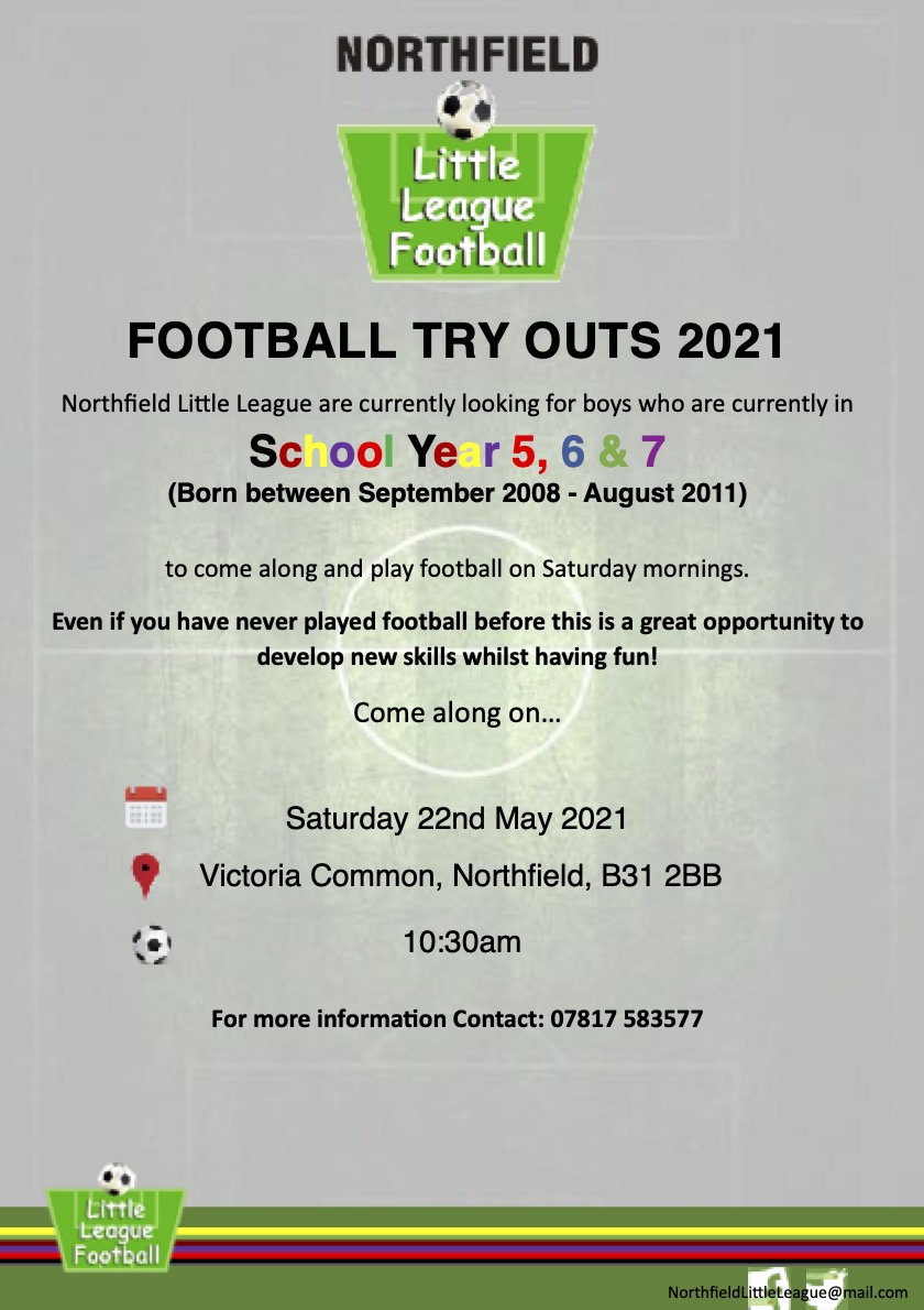 Football Try Out's!

Open to lads of all playing abilities, in the school years 5,6, and 7. More information below! 

#grassrootsfootball #grassroots #northfieldlittleleague
