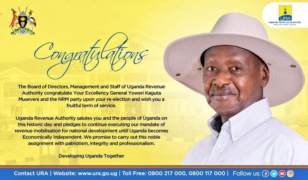 On behalf of <a href="/URAuganda/">Uganda Revenue Authority</a> and myself, I extend best wishes to Your Excellency <a href="/KagutaMuseveni/">Yoweri K Museveni</a> upon your inauguration as President of the Republic of Uganda. 
As you begin a new term of office, we at URA commit to the task of delivering Uganda's economic self-reliance.
