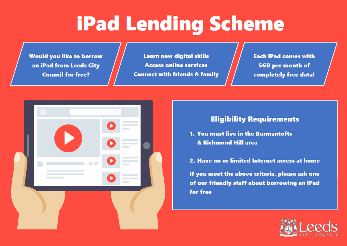 Do you live in Burmantofts &amp; Richmond Hill Ward? ✅
Do you have no or limited access to the internet? ✅
Would you like to borrow an iPad for FREE? 🙋🙋‍♀️
See below for more info ⬇

If you are interested call in to request one 👍
Please share with anyone you think would benefit 😊
