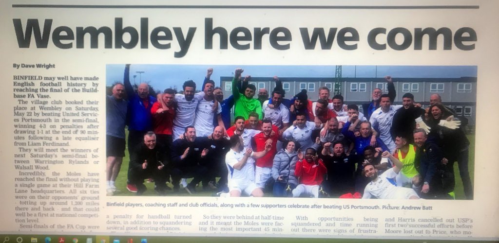 Today’s <a href="/bracknellnews/">Bracknell News</a> <a href="/WokinghamNews/">Wokingham News</a>. Features <a href="/Binfieldfc/">Binfield FC</a> and their FA Vase semifinal win.  They may have made England football history as well. Picture by <a href="/andrewbatt5/">Andrew B</a>  Please try to buy a copy