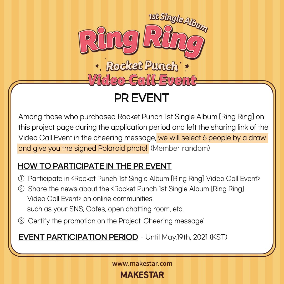 Makestarcorp's tweet photo. #로켓펀치 #RocketPunch #RingRing
1st Single Album [Ring Ring] Video Call Event

💛로켓펀치와 영상통화
💛멬스 한정판 미공개 포토카드
💛친필사인 폴라로이드 (영통당첨자+PR EVENT)

📅2021.05.12 ~ 2021.05.19 (KST)
🔗https://t.co/bUHCcaWqua https://t.co/2901YPO76e
