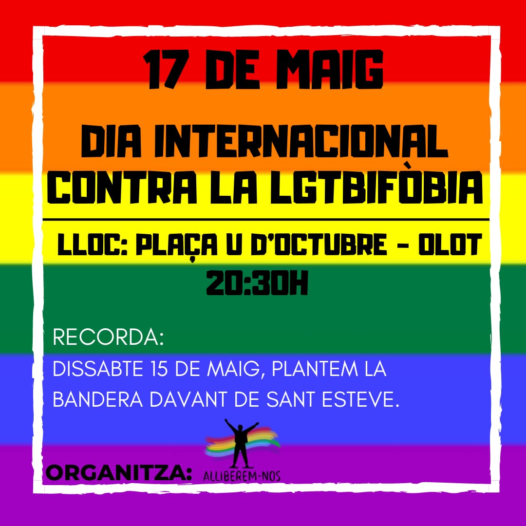 MalaPetja's tweet photo. Dilluns dia 17 de maig és el Dia Internacional contra la LGTBIFÒBIA.
Concentració a la plaça U d'Octubre a les 20:30h, per rebutjar la #lgtbifobia #orgulllgtbi #Olot #Garrotxa #lgtbi #lgbti ✊🏻✊🏻🏳️‍🌈🏳️‍🌈 

Nosaltres hi serem, i tu? https://t.co/0MGVHVWCaX