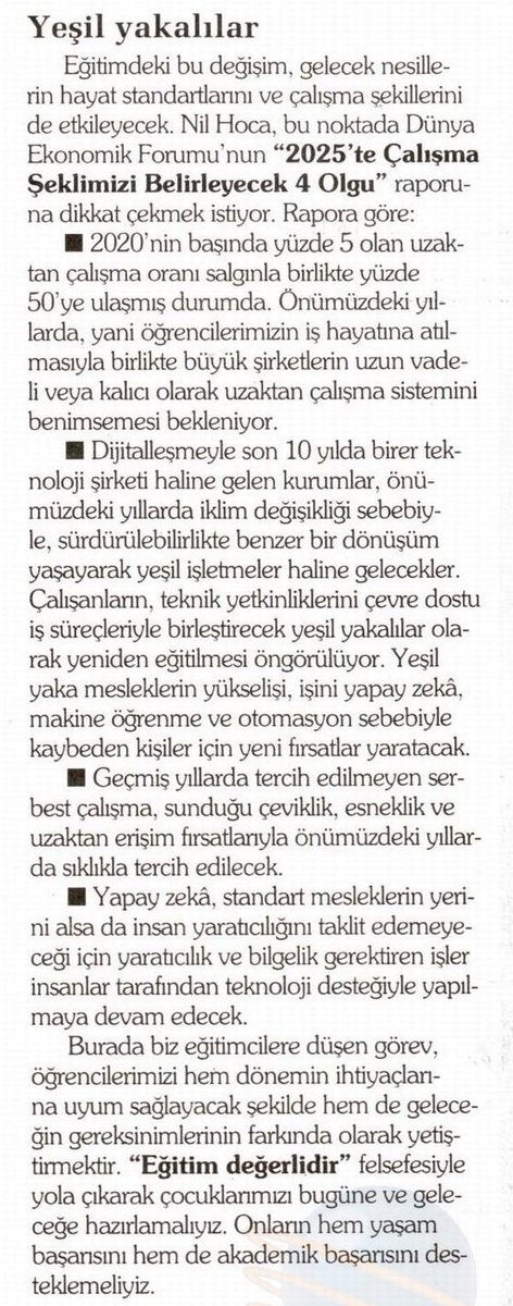 Genel Müdürümüz Nil Çiçek, eğitimin ve çalışma şekillerinin geleceğini @Sabah'a değerlendirdi. @saitgursoy

📌Çevrim içi eğitim son bir yıl %900 büyüdü.
📌Kurumlar 'yeşil işletmeler', çalışanlar 'yeşil yakalılar' olarak dönüşecek.
📌Serbest çalışma şekli sıklıkla tercih edilecek.