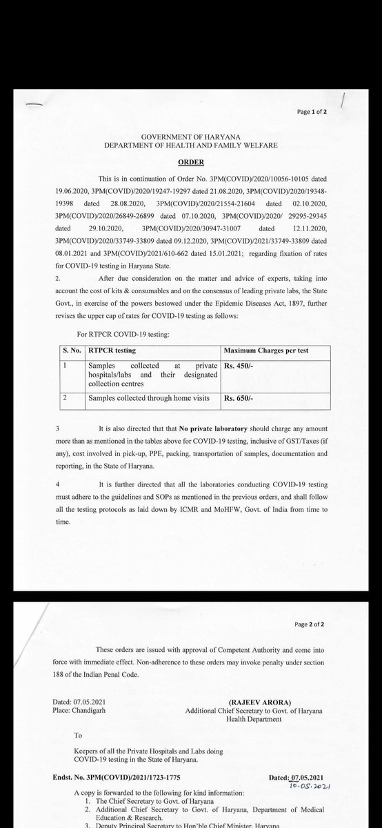 kanganasachdev1's tweet photo. Breaking- Haryana govt reduces the price of RT PCR tests to Rs 450 in private hospitals, lab and designated centres and Rs 650 for home collections of samples. @anilvijminister @cmohry https://t.co/1asLmmPyIu