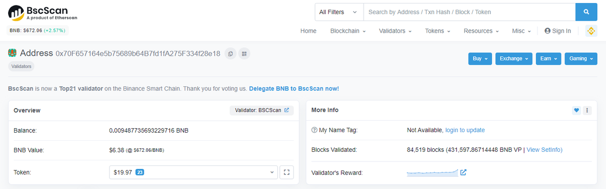bscscan's tweet photo. Just added: Validator's Reward sparkline chart 📈

See the trend in daily rewards for each BSC Validator! https://t.co/w8682uSmRp