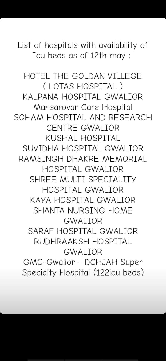 HelpCommunity10's tweet photo. #ICUBeds in #Gwalior as of 12 May, 2021 https://t.co/n04gM33LEw