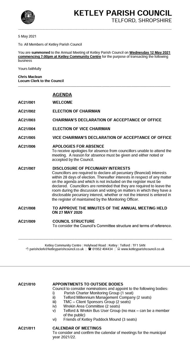 KetleyPc's tweet photo. The Annual General Meeting of Ketley Parish Council will take place on Wednesday 12 May 2021 commencing at 7:00pm at Ketley Community Centre. https://t.co/fkA1uBHlvh