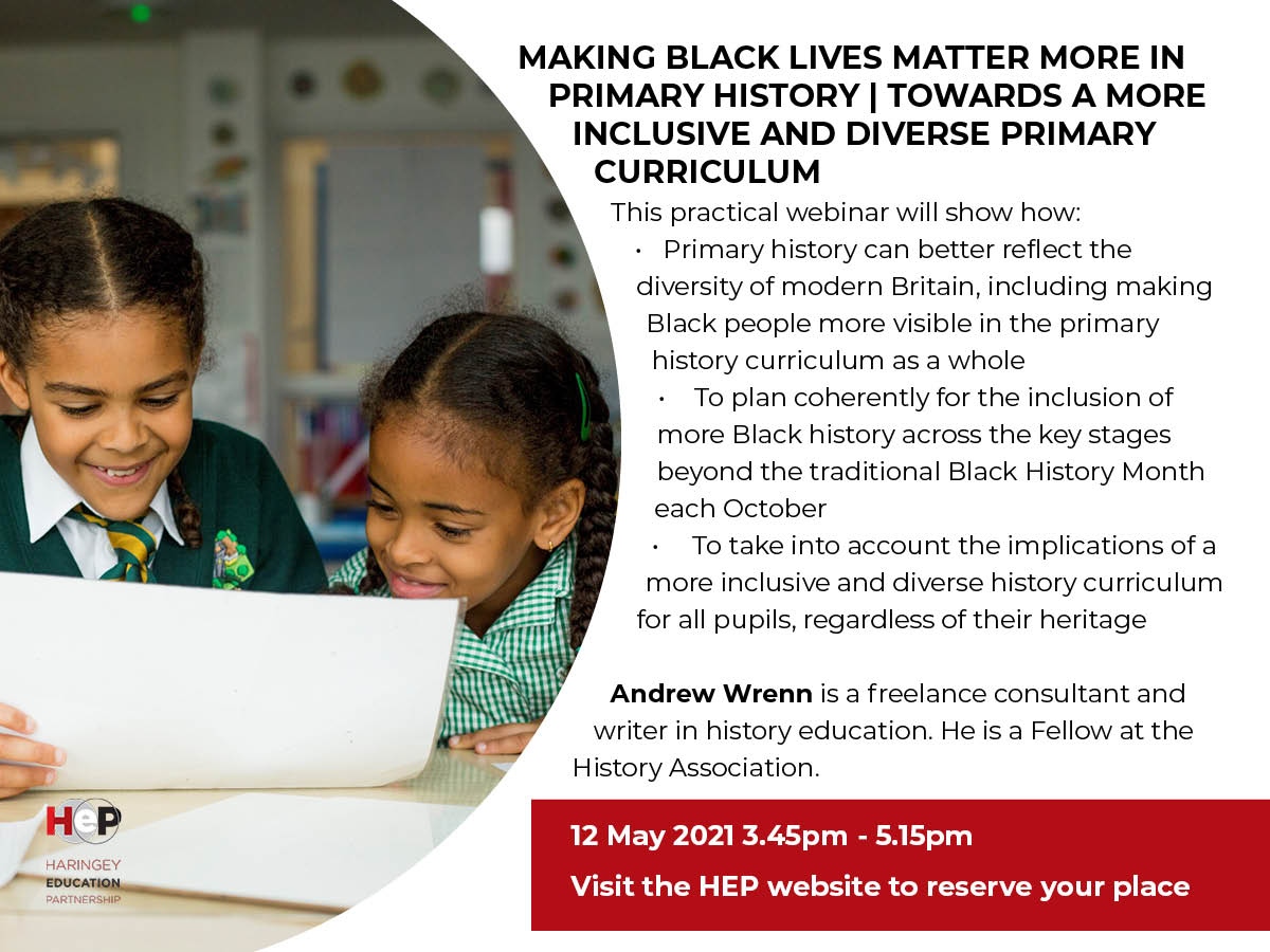 HaringeyEduc's tweet photo. So excited for Andrew Wrenn's session this evening!
Let's work towards a more inclusive and diverse primary history curriculum.
It's not too late to sign up, book your spot here: https://t.co/j55Kqsy3p0
#inclusivecurriculum #historycpd #afamilyofschools #historyassociation https://t.co/yI43vHvHDN