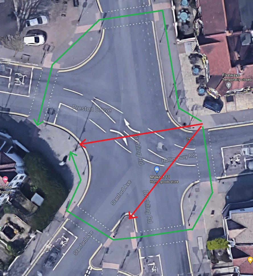 lines_of_desire's tweet photo. A different type of #DesireLine but a desire line nonetheless. Saw two families crossing the Fiveways junction (Brighton) via red arrows. They could get across in one green man cycle whereas to go the "correct" way (green arrows) would have taken minimum 2 cycles. https://t.co/AnFCMDUV0h