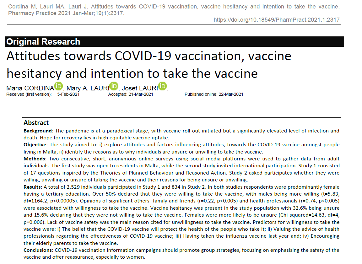 PharmPract's tweet image. Attitudes towards COVID-19 vaccination, vaccine hesitancy and intention to take the vaccine.

COVID-19 vaccination information campaigns should promote group strategies, focusing on emphasising the safety of the vaccine.

pharmacypractice.org/journal/index.…
#COVID19 #VaccinationCovid
