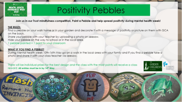 GordonCA_TSAT's tweet photo. At GCA we are proud to be taking part in #MentalHealthAwarenessWeek We joined @tsa_trust mindfulness competition #Paintapebble to help spread positivity! Look at the fantastic work the children have done! Will you find a GCA pebble on your way to school? #ProudtobeTSAT π https://t.co/DLyWxaj1ps
