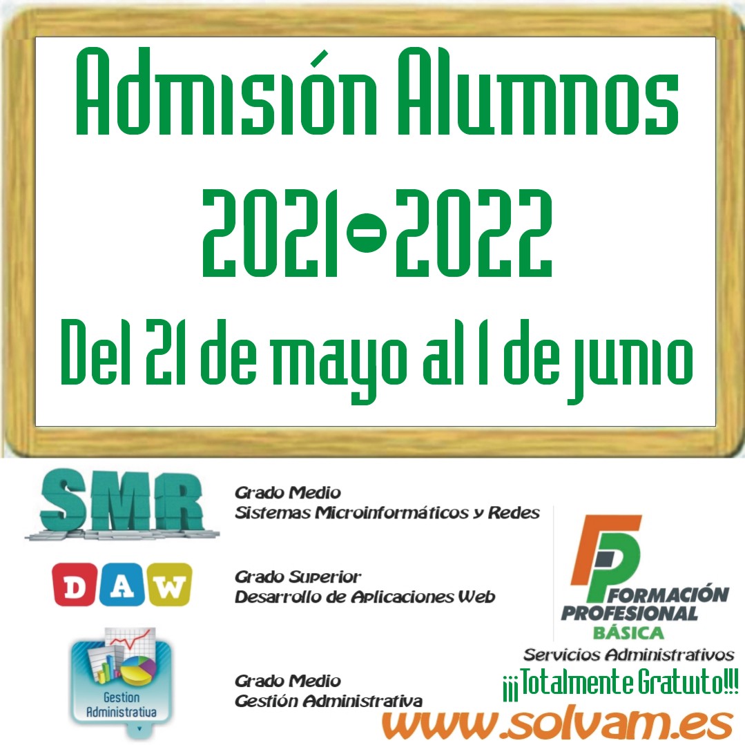 solvam's tweet photo. El plazo de admisión a Ciclos Formativos y Formación Básica para el próximo curso 2021-2022 comienza el próximo 21 de mayo hasta el 1 de junio. Si te interesa estudiar con nosotros avísanos. https://t.co/ahOVtGyytP