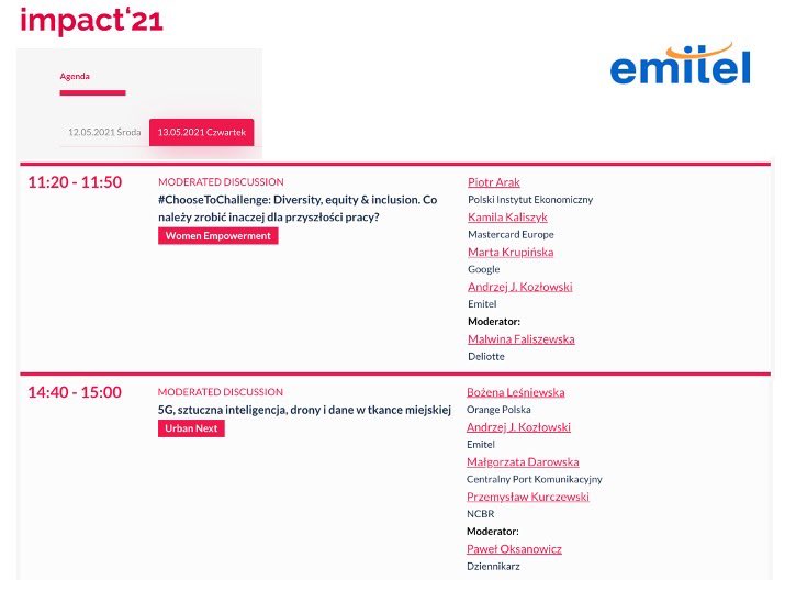 Zachęcamy do śledzenia #NaScenieImpact. Jutro wydarzenia z udziałem Prezesa #Emitel @aj_kozlowski, który weźmie udział w debatach w ścieżkach tematycznych #UrbanNext oraz #WomenEmpowerment