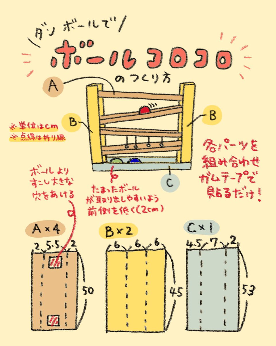 ダンボールでボールコロコロ、
つくり方はこちら🟡🔴🔵🟢

#育児 #育児絵日記 #代替テキスト 