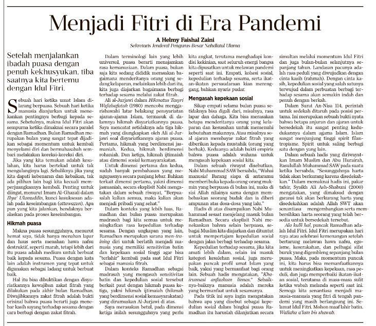 nahdlatululama's tweet photo. “Semoga kita senantiasa menjadi manusia yang fitri (suci) di era pandemi setelah melakukan ibadah puasa sepanjang Ramadhan”

Esei Sekjen PBNU @Helmy_Faishal_Z “Menjadi Fitri di Era Pandemi” di @hariankompas https://t.co/Gd4bc2UKDJ