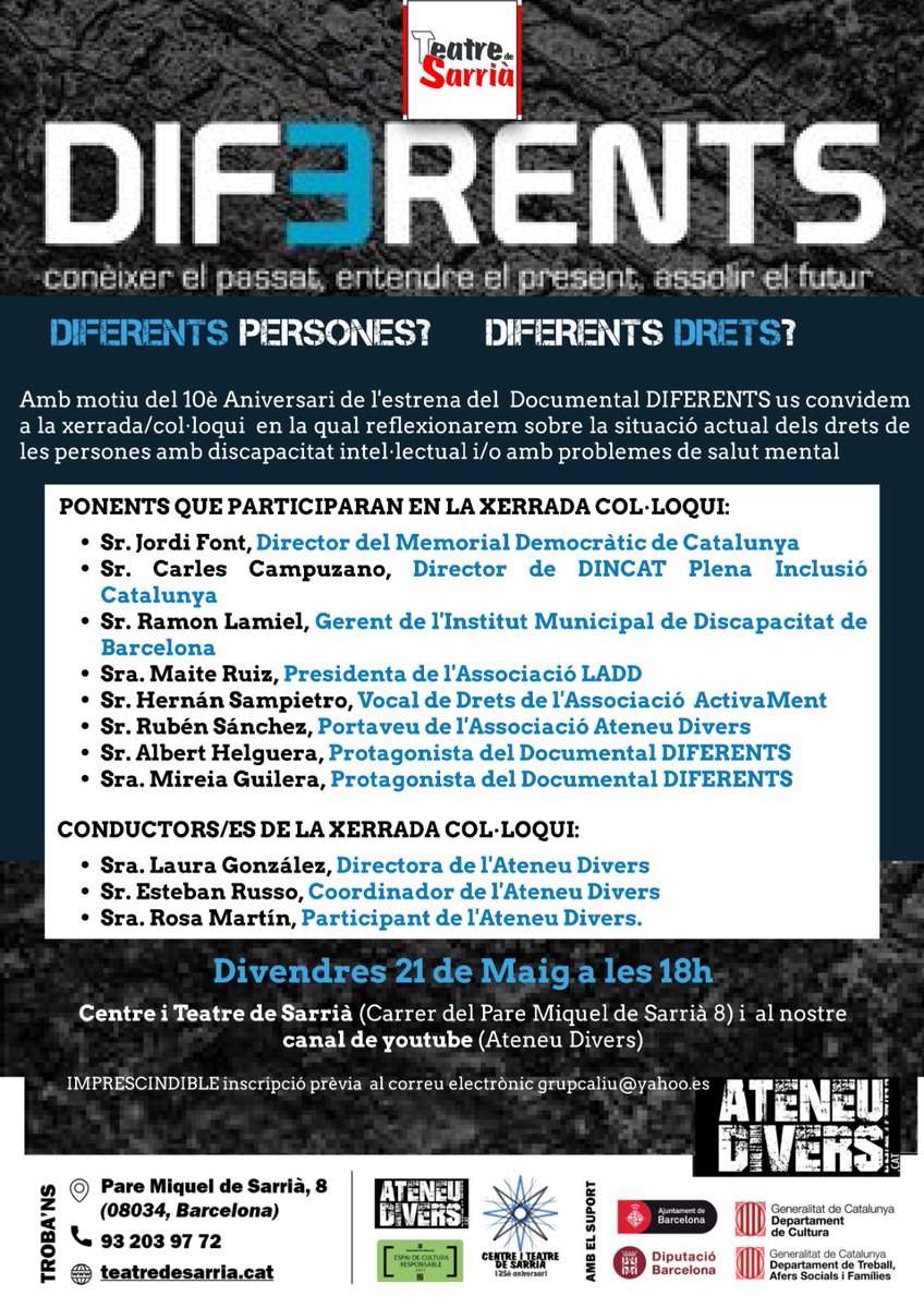 Dincat (@_dincat) on Twitter photo 📢Amb motiu del 10è Aniversari del Documental DIFERENTS, <a href="/AteneuDivers/">L'Ateneu Divers</a> us convida a la xerrada sobre lels drets de les pers. amb discapa. intel·lectual. Amb la participació de <a href="/carlescampuzano/">carles campuzano</a>.
🗓️21/5 - 18h.
👉Més informació: dincat.cat/wp-content/upl… 📢Amb motiu del 10è Aniversari del Documental DIFERENTS, <a href="/AteneuDivers/">L'Ateneu Divers</a> us convida a la xerrada sobre lels drets de les pers. amb discapa. intel·lectual. Amb la participació de <a href="/carlescampuzano/">carles campuzano</a>.
🗓️21/5 - 18h.
👉Més informació: dincat.cat/wp-content/upl…