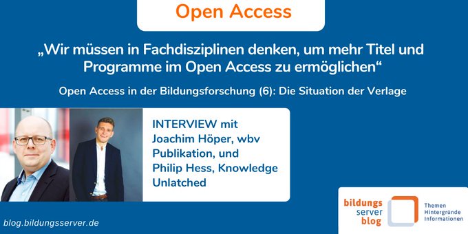 wbv_de's tweet photo. „#Bibliotheken, #Verlage und #Autoren (...) müssen disziplinorientierter denken, um mehr Titel (...) im Open Access zu ermöglichen.“ Interview mit  @Joachim_Hoeper &amp; Philipp Hess @KUnlatched zur #wbvOpenLibrary und #Openaccess-Finanzierung im @DBS_20-Blog 
https://t.co/hg6sbZMLW4 https://t.co/QMjQUZxfOD