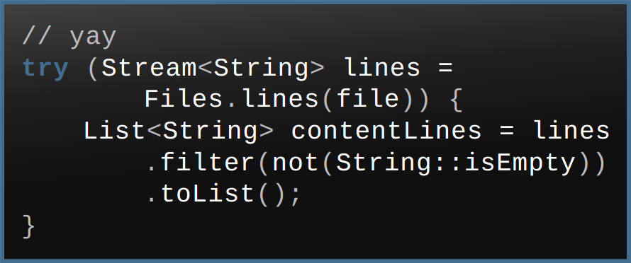nipafx's tweet photo. The last one I picked for the video is on safety. As @mikemybytes points out, there are situations where streams should be used as a resource in a try block: https://t.co/a6xQ52RGqE

More in his blog post: https://t.co/tlM7sWgv3q https://t.co/LwWb2PD0Uz