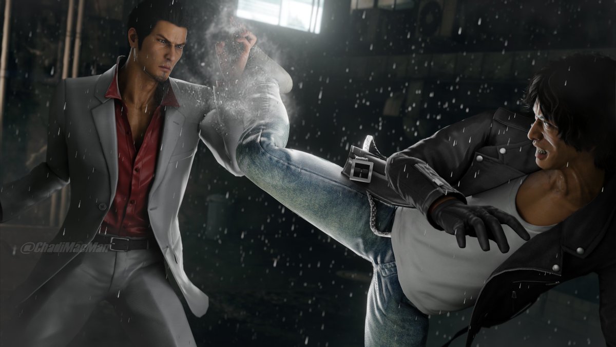 Chadizard44's tweet photo. Kiryu vs Yagami Blender Render with @AreCreeps' Dragon Engine Shader. 
Big thanks to @ModdingYakuza for helping with recources like the Judgement font. https://t.co/93mJB9qheF