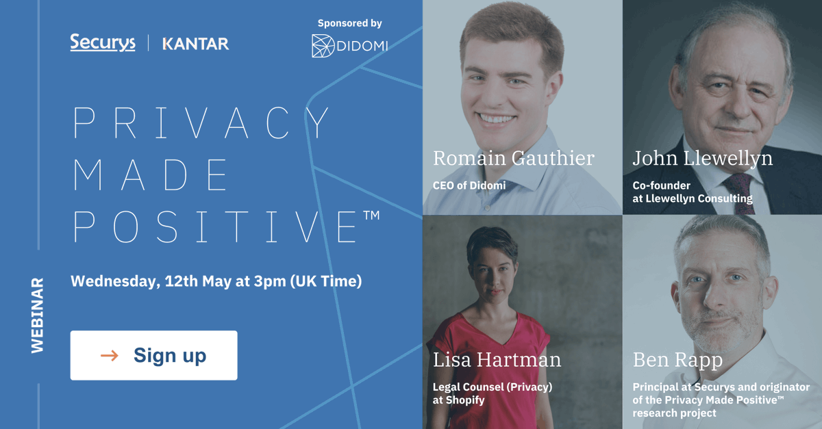 PRIVACY MADE POSITIVE: 🎤 WEBINAR TODAY 🎤
📅 Join our CEO Romain Gauthier on today at 16h CEST, alongside Ben Rapp (Founder, Securys), Lisa Hartman (Legal Counsel, Shopify) &amp; John Llewellyn (Co-founder, Llewellyn Consulting)
Sign up here 👉 bit.ly/2RCPbbG