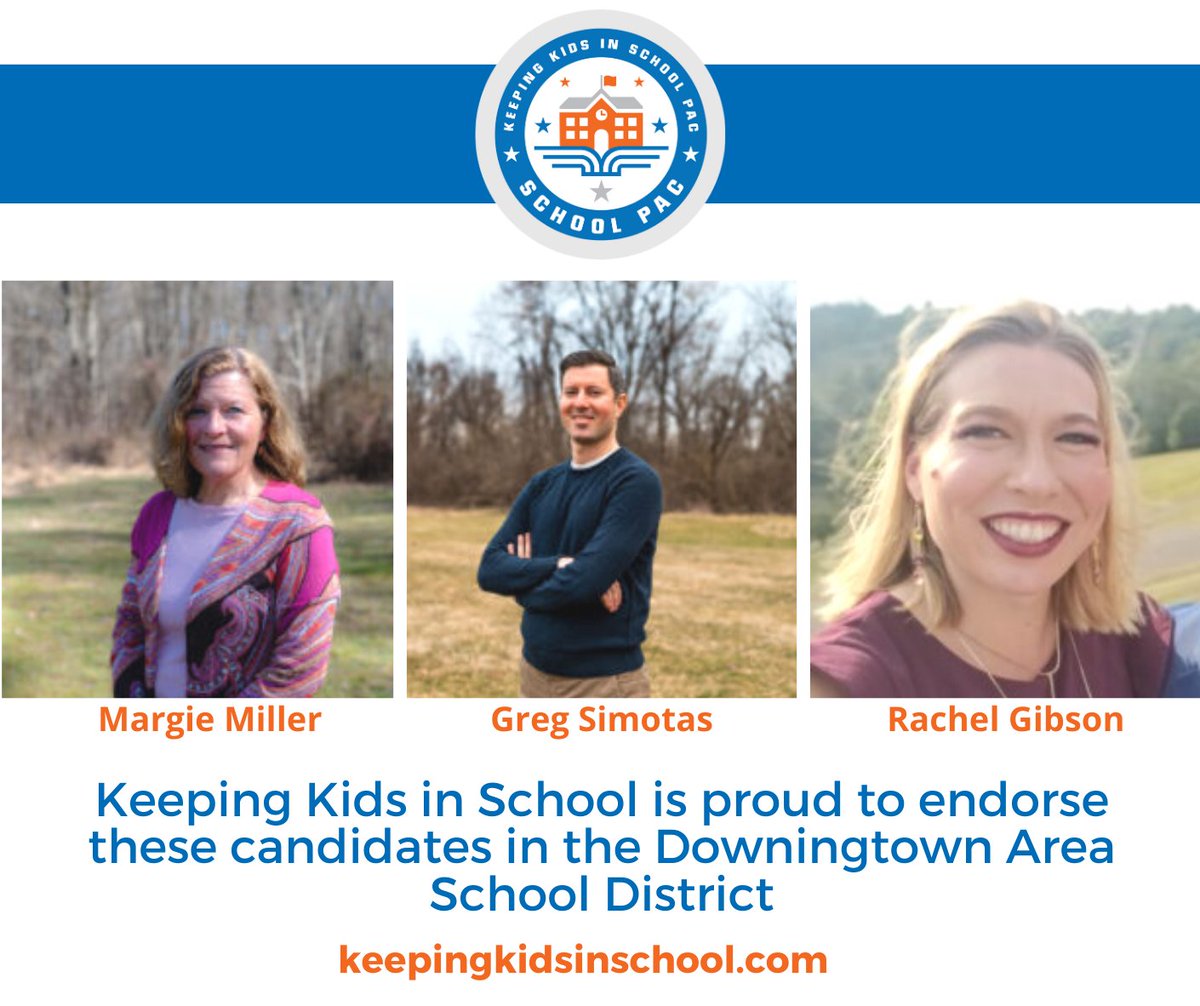 Keeping Kids in School is PROUD to endorse 3 School Board Candidates in the Downington Area School District!

Please VOTE on May 18th for:
Margie Miller
Greg Simotas
Rachel Gibson

Bios: bit.ly/3sXX0pb