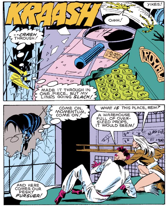 ナイトホークはもうめちゃくちゃ誰が見てもバットマンで、彼が登場すると巨大なタイプライターの上で戦うとか、ゴッサム空間がMARVELユニバースに突然発生する 