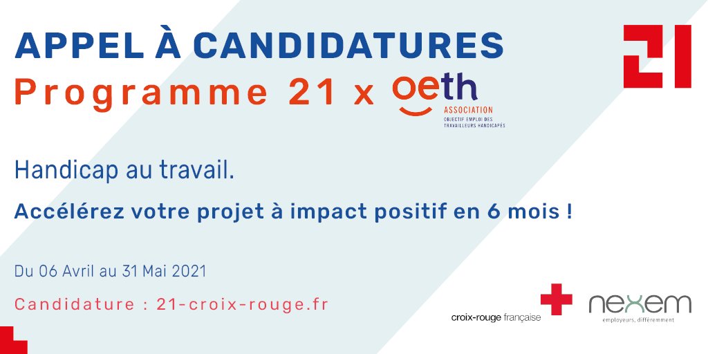 Vous portez un projet innovant dans les champs du handicap au travail ?💡
Candidatez jusqu'au 31 mai au programme 21 x OETH pour accélérer son développement et bénéficier de l’expertise, financement et accès terrains de la <a href="/CroixRouge/">Croix-Rouge fr</a> &amp; <a href="/AssociationOETH/">Association OETH</a> >> 21-croix-rouge.selecteev.io