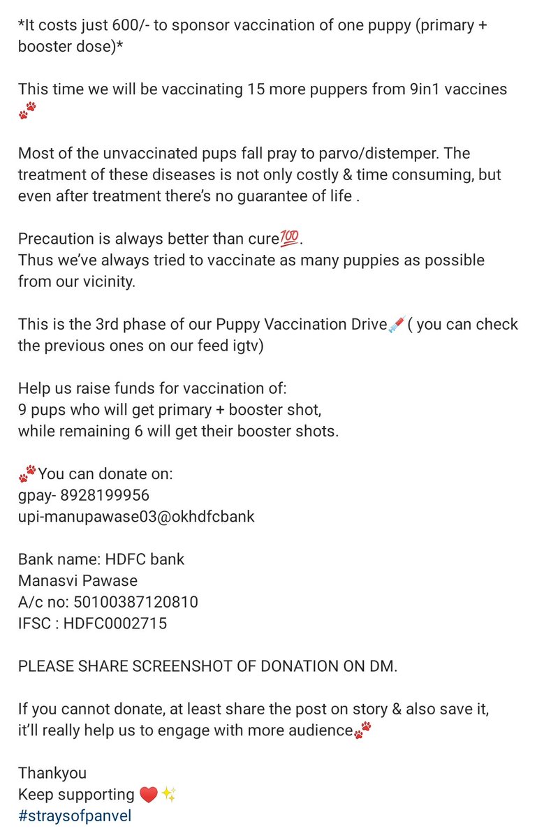 Straysofpanvel's tweet photo. Phase 3 of Puppy Vaccination Drive 💉 : 

#vaccinated #vaccinationdrive #vaccinationsaveslives #help #helpingothers #donation #fundraiser #donationsneeded #rescuedogs #rescue #crowdfunding #crowdfund #donate #donatetoday #panvel #navimumbairescue #share https://t.co/Fu9JvIfZmB