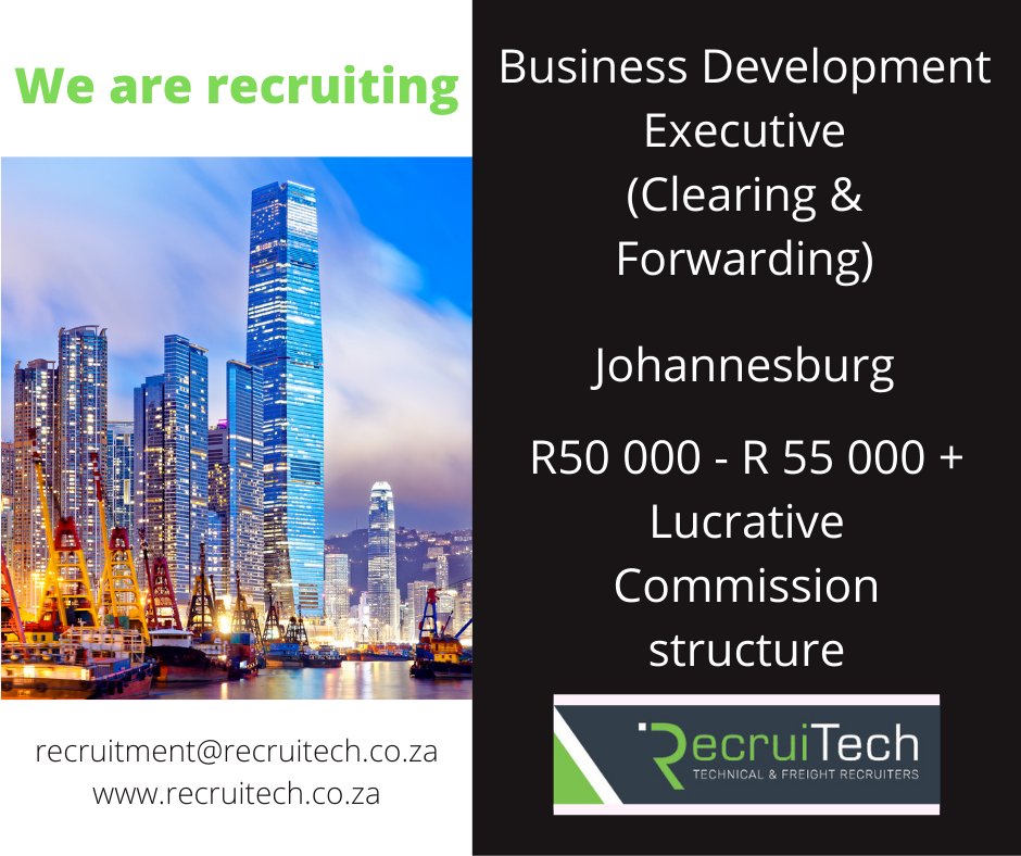 RecruiTech_SA's tweet photo. #RecruiTechJobs Business Development Executive. CLEARING AND FORWARDING. JOHANNESBURG. R50 000 – R55 000 + Lucrative Commission structure. Apply online: https://t.co/ARFeepgRo6 or send your CV to: recruitment@recruitech.co.za. 
#JobSeekersSA https://t.co/yoB4RkkrMl