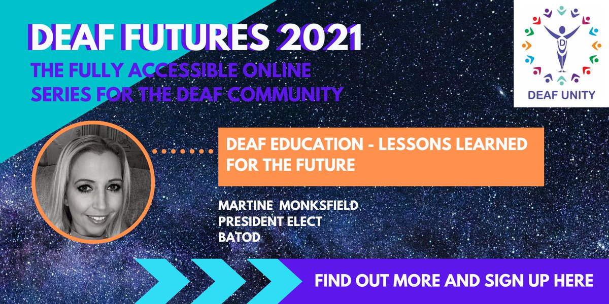 deafunity's tweet photo. Join #DeafFutures for free here https://t.co/EZBWuLT75Z!! This week, Martine Monksfield, President at @BATOD_UK (British Association of Teachers of the #Deaf) delivers a brilliant presentation on lessons learned in #deafeducation (video with #BSL, audio and captions) #deafunity https://t.co/7qGWKKqmij