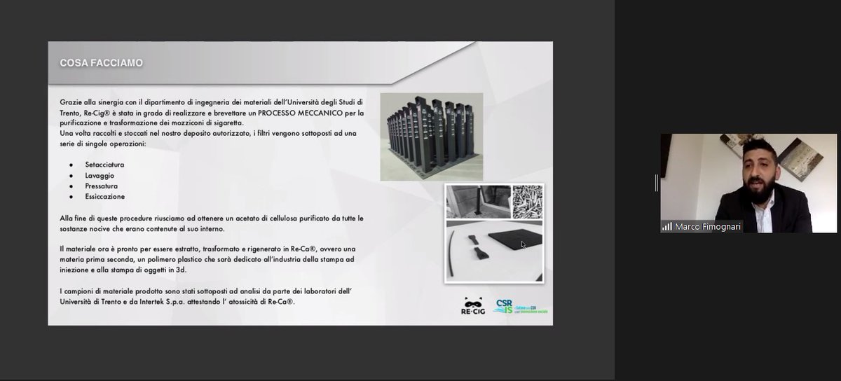 Marco Fimognari - Recig Startup Raccoglie e ricicla mozziconi di sigarette 13 mila tonnellate all'anno in Italia. Promuove nuove abitudini offrendo un servizio a imprese e PA gestendo la raccolta e la trasformazione del rifiuto  #EconomiaCircolare #Trentino #CSRIS21