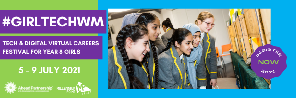 💃💻 Schools from #WestMidlands are invited to #GirlTechWM online taking place 5 - 9 July with <a href="/millenniumpoint/">Millennium Point</a>. Year 8 girls can take part in FREE workshops &amp; panels to learn more about careers in tech. Places for students with SEND available. Visit ➡️ buff.ly/3h1t49B