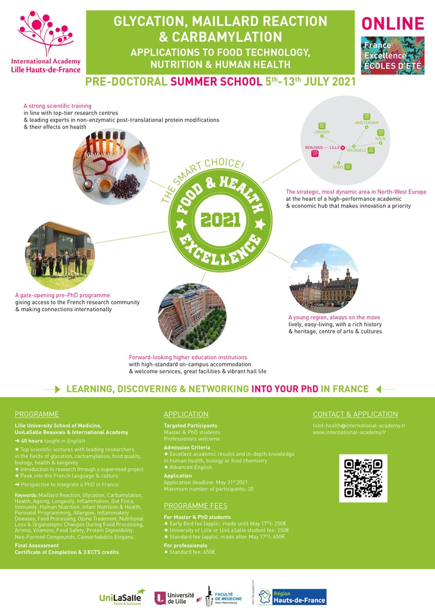 Food&amp;Health 2021 ONLINE: MAKE THE SMART CHOICE!
Want to network into your #PhD in France? Join us for a 9-day #FranceExcellence #summerschool in July (5-13) focusing on #agrofood processing, #glycation, #carbamylation &amp; their effects on #health! international-academy.fr/food-health/